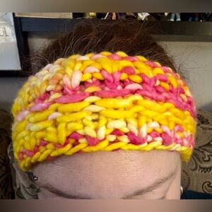 Vibrant Yellow and Pink Knitted Headband or Ear Warmer